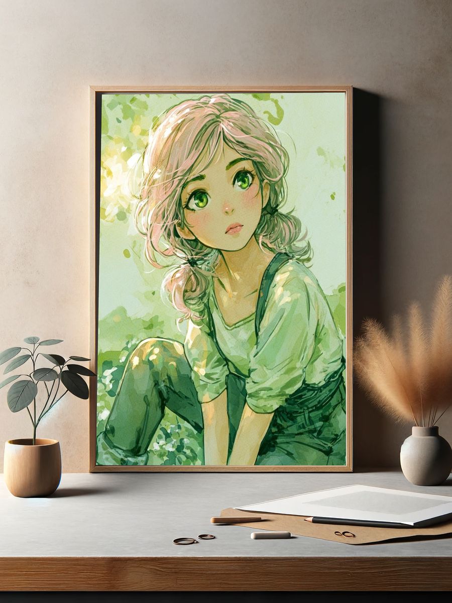 Pastel Anime Girl Watercolor Print. — room view 2