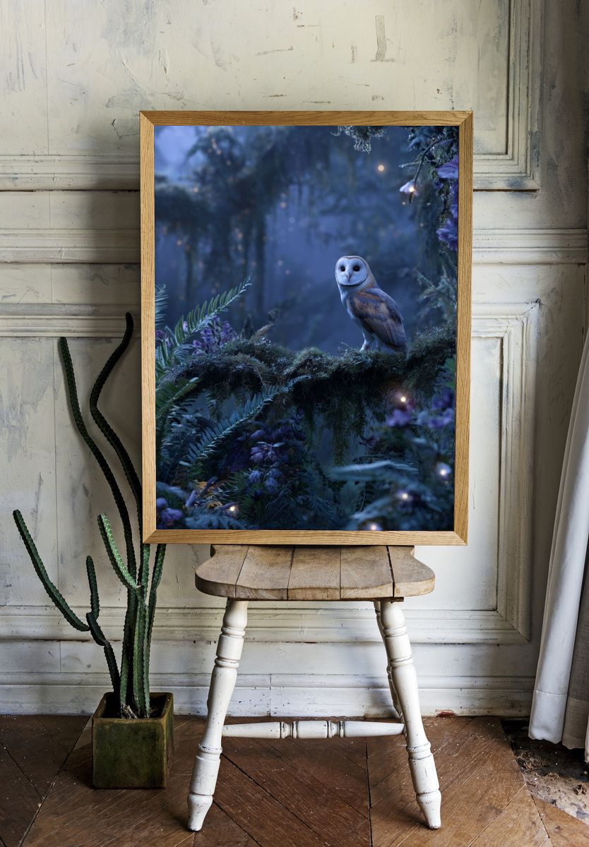 Moonlit Owl Forest Print. room preview