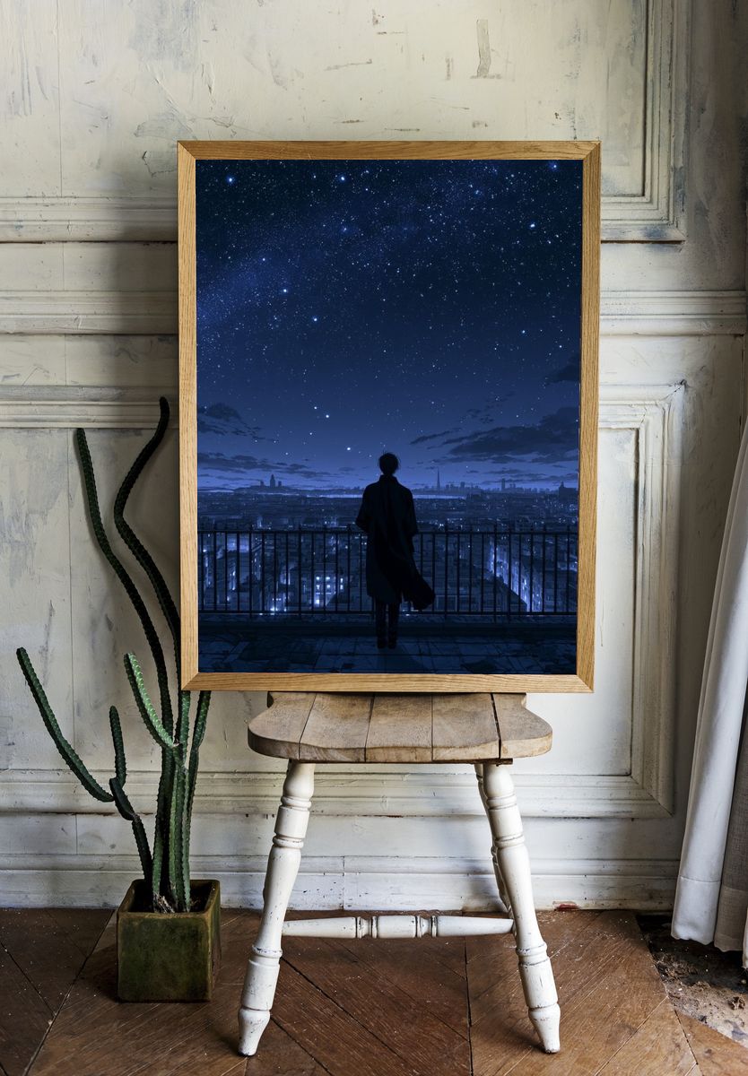 Starry City Nightscape Anime Poster. room preview