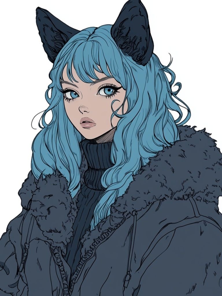 Blue-Haired Catgirl Illustration Poster. poster — anime art