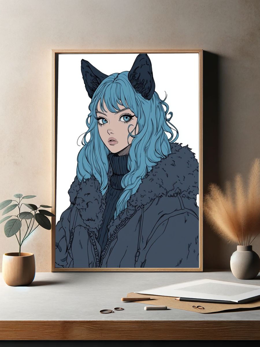Blue-Haired Catgirl Illustration Poster. — room view 2