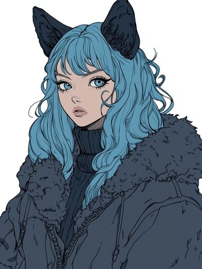 Blue-Haired Catgirl Illustration Poster.