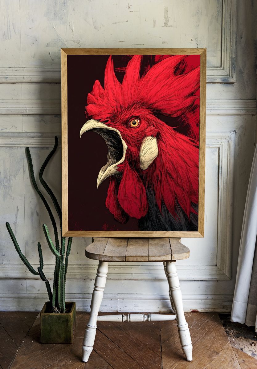 Roaring Red Rooster Illustration Poster. — room view 1