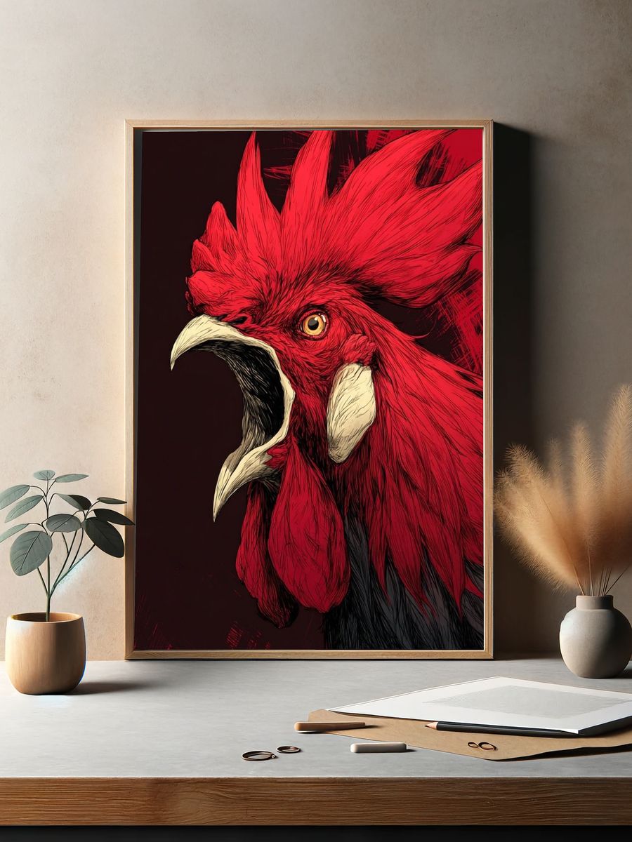 Roaring Red Rooster Illustration Poster. — room view 2