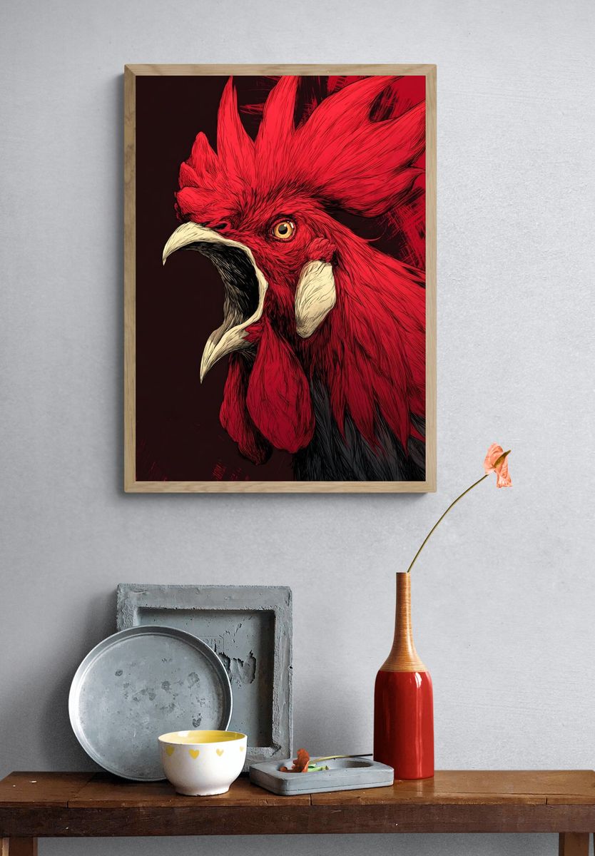Roaring Red Rooster Illustration Poster. — room view 3