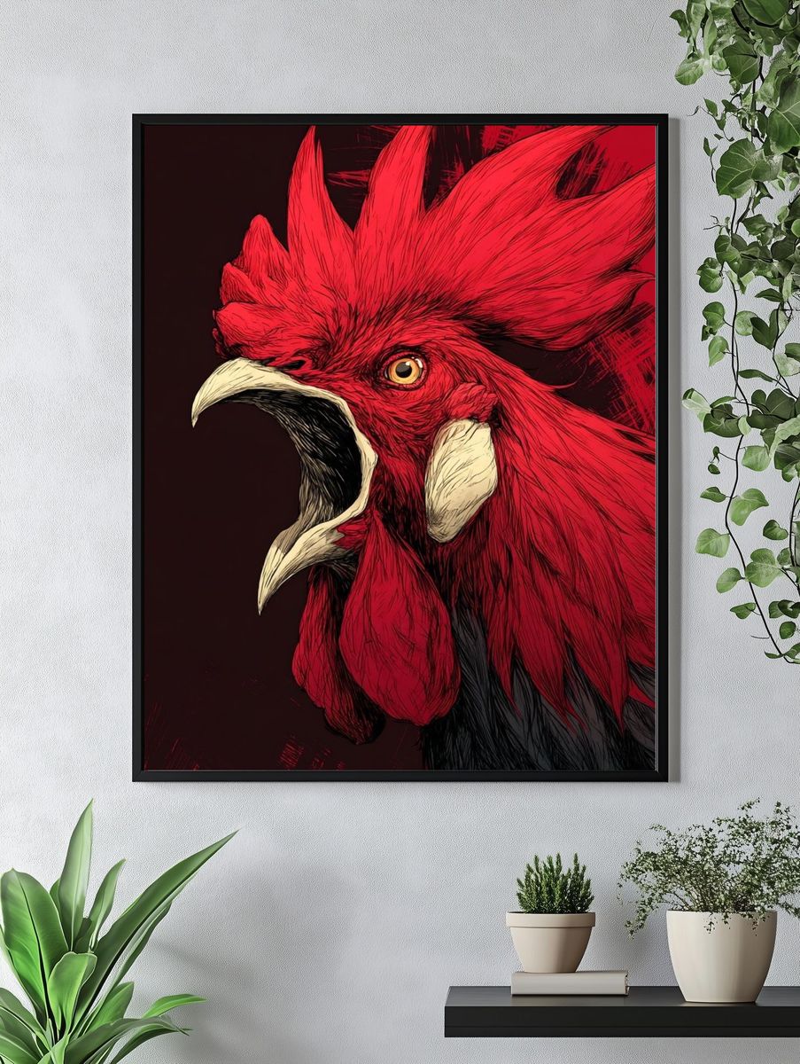 Roaring Red Rooster Illustration Poster. — room view 4