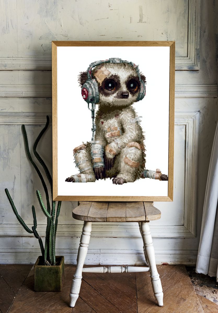 Pixel Meerkat Headphones Poster. room preview