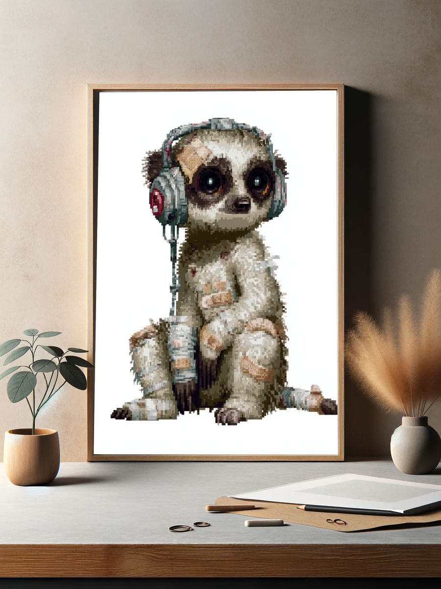 Pixel Meerkat Headphones Poster. — room view 2