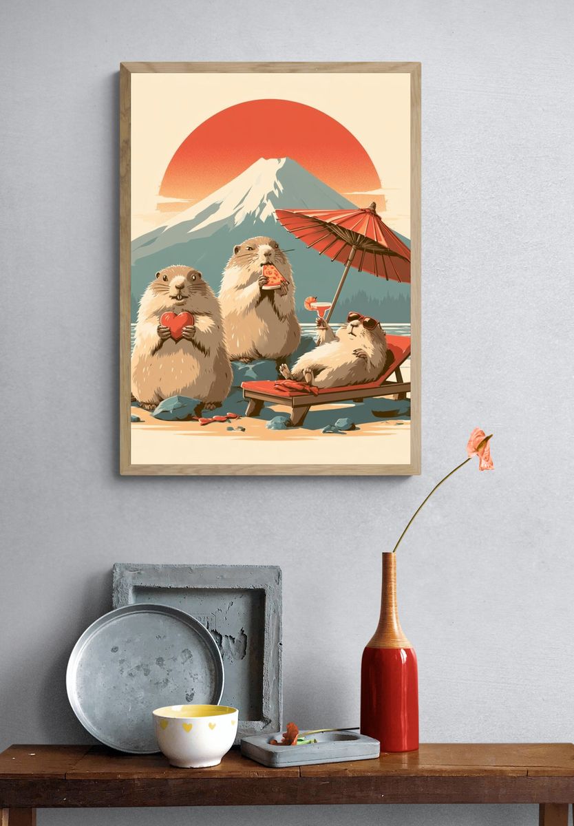 Playful Marmots at Mount Fuji Poster. — room view 3