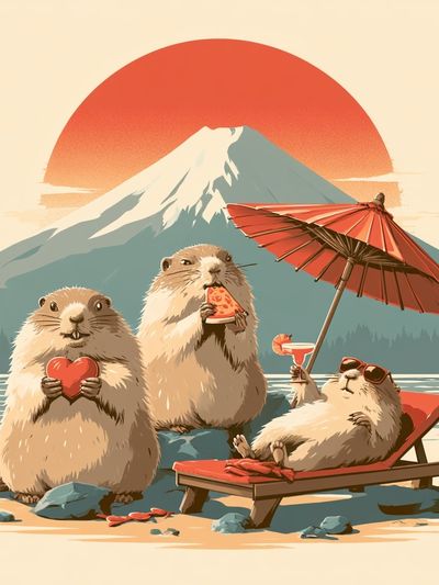 Playful Marmots at Mount Fuji Poster.