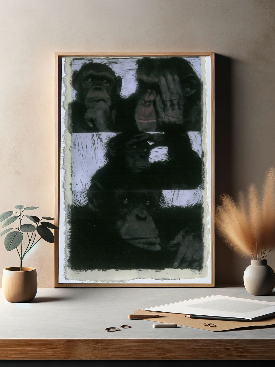 Chimpanzee Portrait Black-White Print. — room view 2