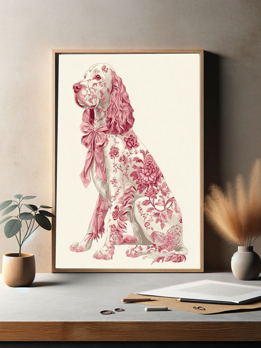 Floral Cocker Spaniel Illustration Poster. — room view 2