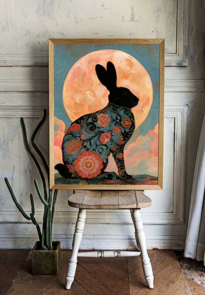 Floral Rabbit Moon Poster. room preview
