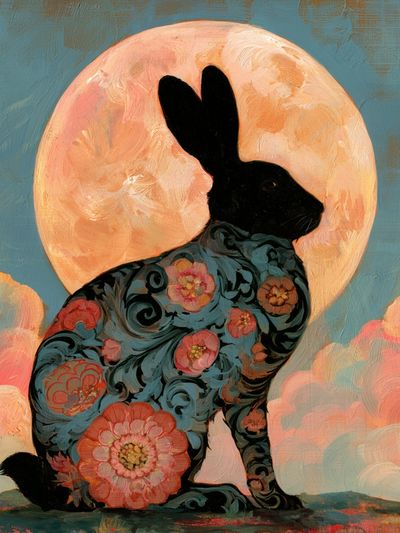 Floral Rabbit Moon Poster.