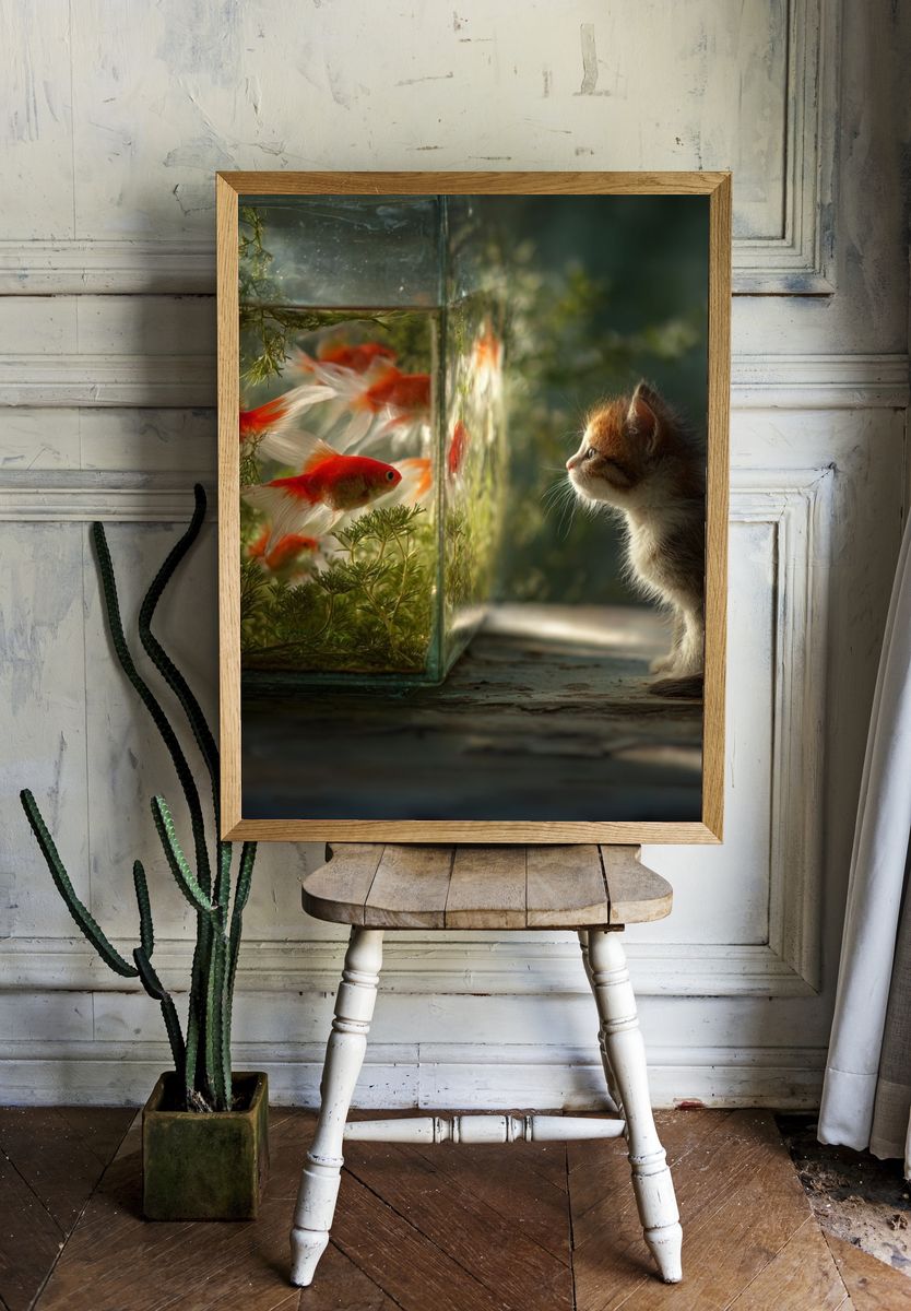 Kitten and Goldfish Surreal Print. room preview