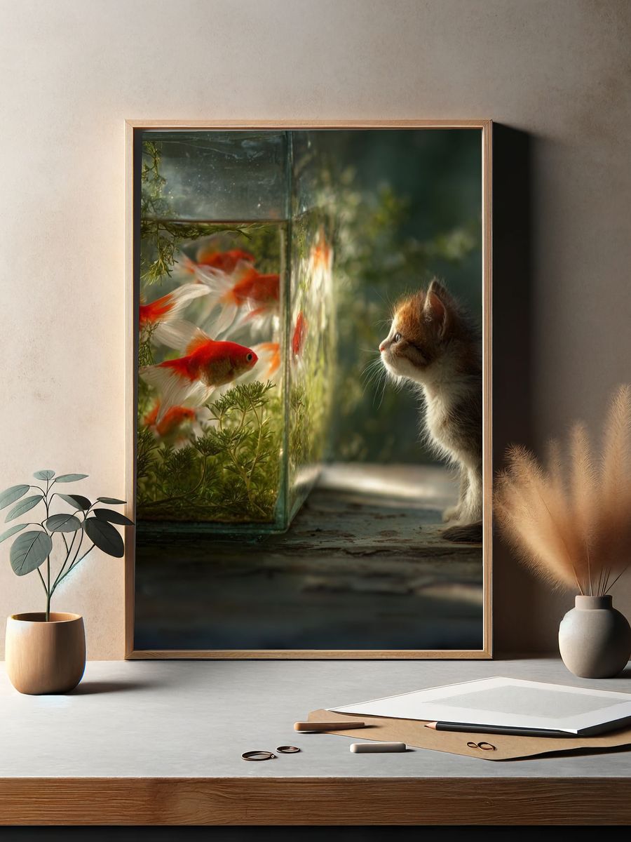 Kitten and Goldfish Surreal Print. — room view 2