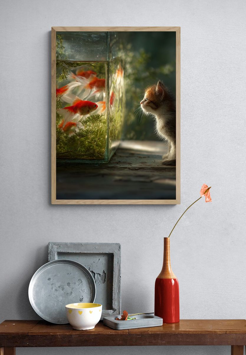 Kitten and Goldfish Surreal Print. — room view 3