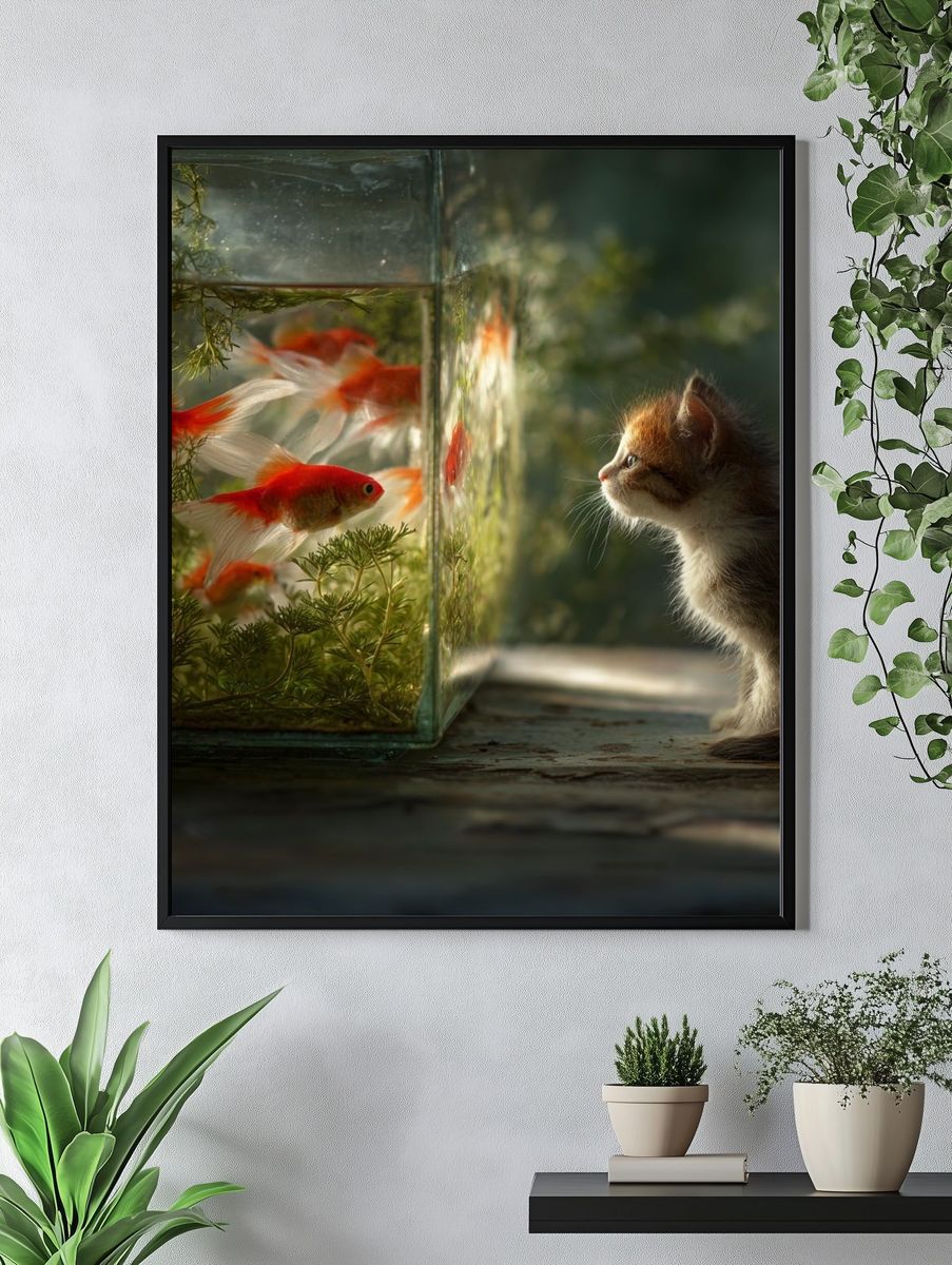Kitten and Goldfish Surreal Print. — room view 4