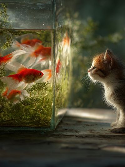 Kitten and Goldfish Surreal Print. poster