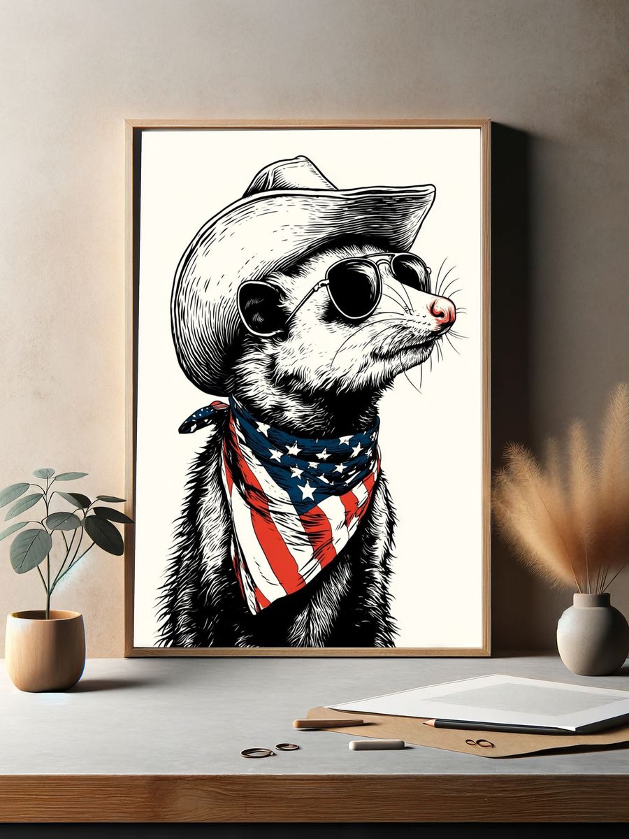 Cowboy Opossum Illustration Poster. — room view 2