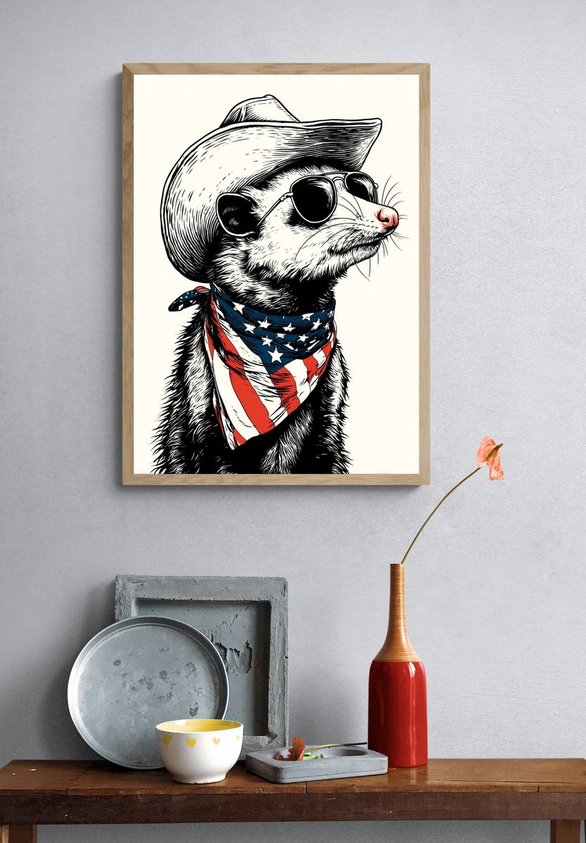 Cowboy Opossum Illustration Poster. — room view 3