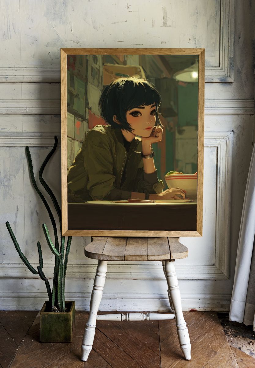 Anime Girl at Noodle Bar Print room preview