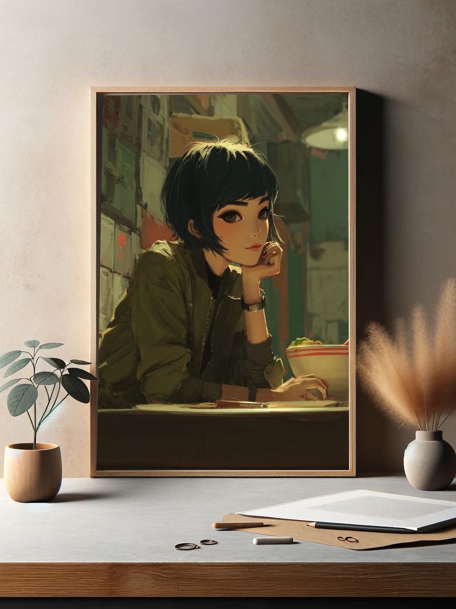 Anime Girl at Noodle Bar Print. — room view 2