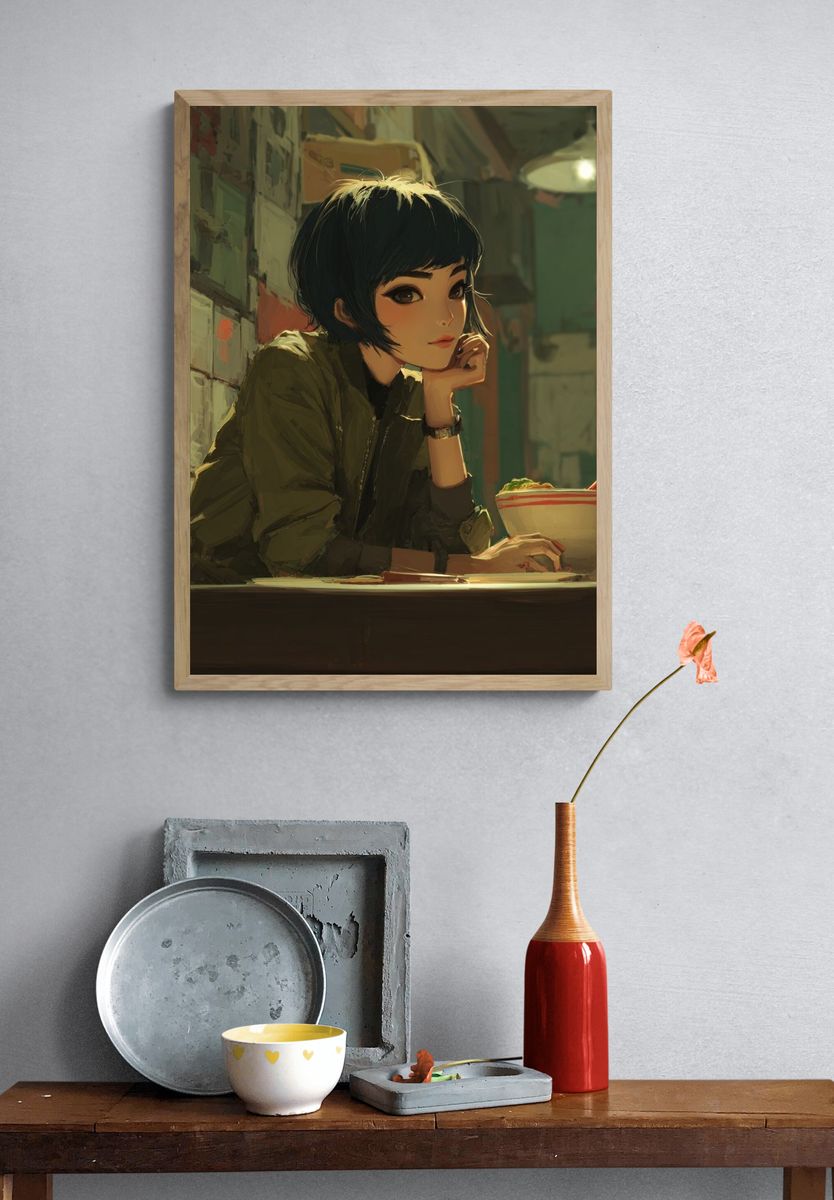 Anime Girl at Noodle Bar Print. — room view 3