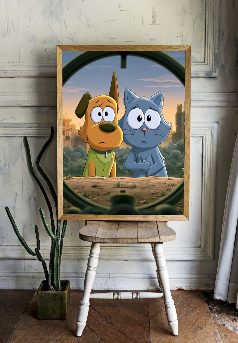 Cartoon Dog and Cat City Poster. room preview