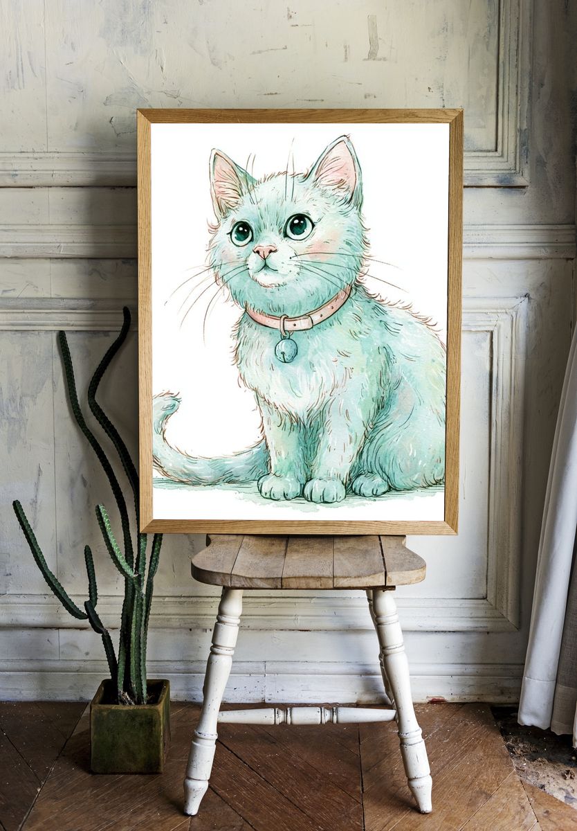 Mint Kitten Watercolor Poster. — room view 1