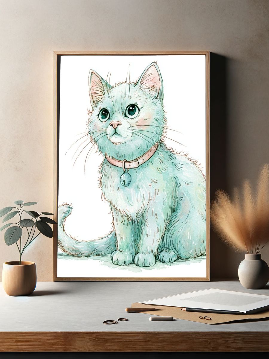 Mint Kitten Watercolor Poster. — room view 2