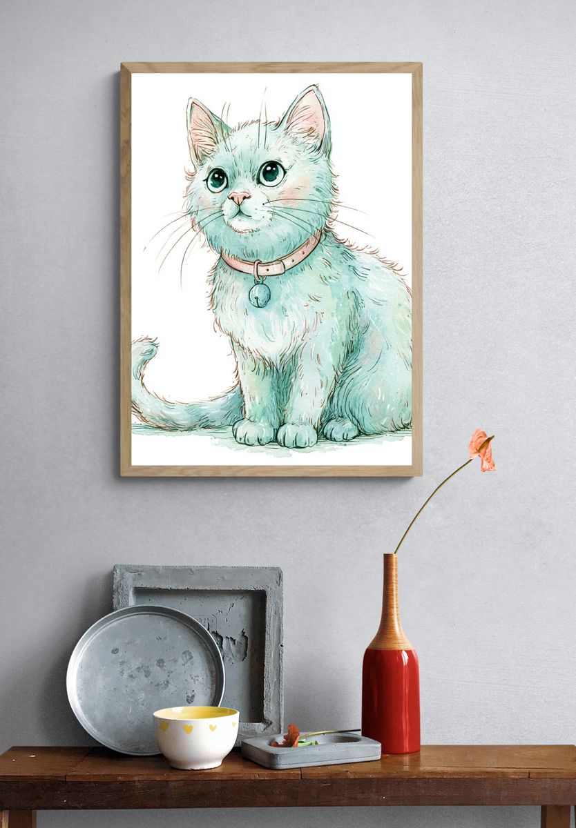 Mint Kitten Watercolor Poster. — room view 3