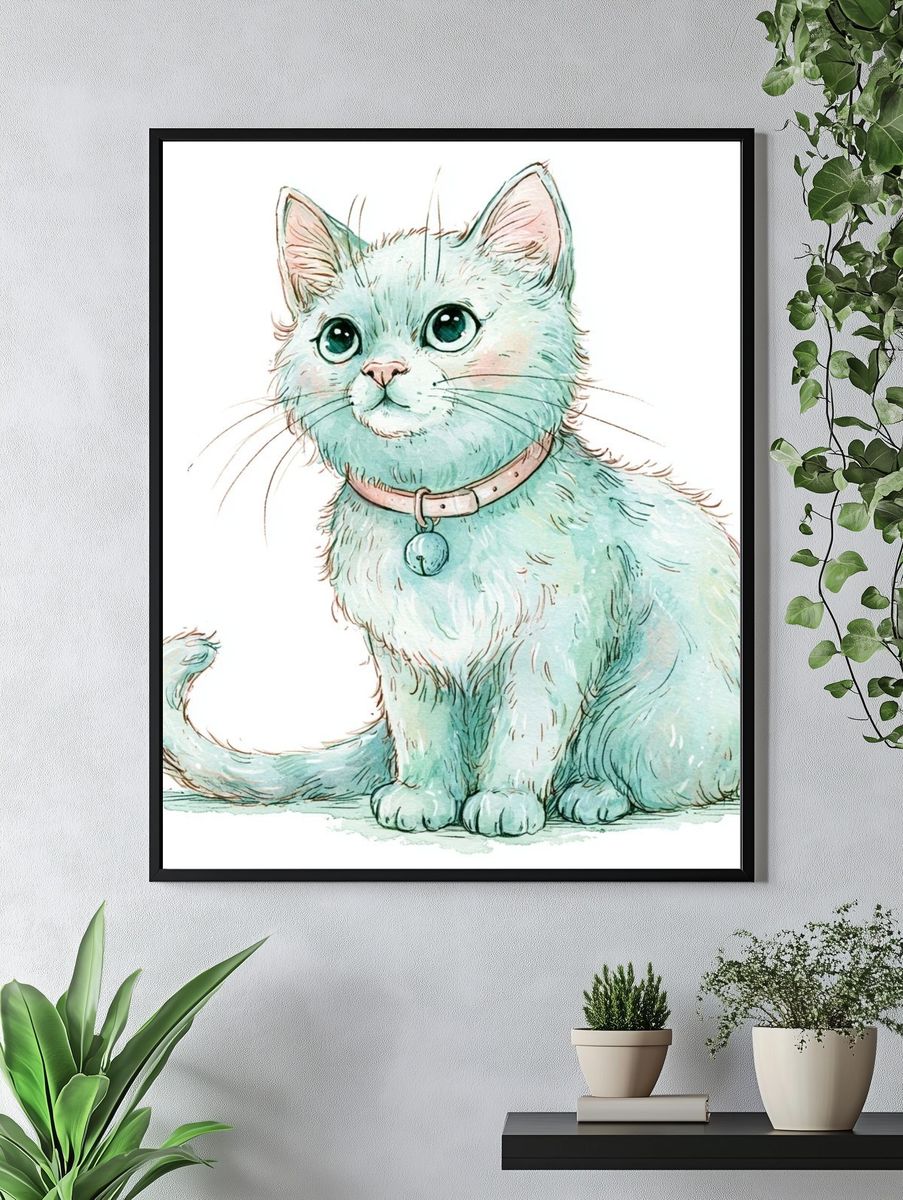 Mint Kitten Watercolor Poster. — room view 4