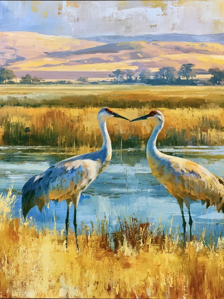 Crane Pair Wetland Landscape Poster. poster — animals art