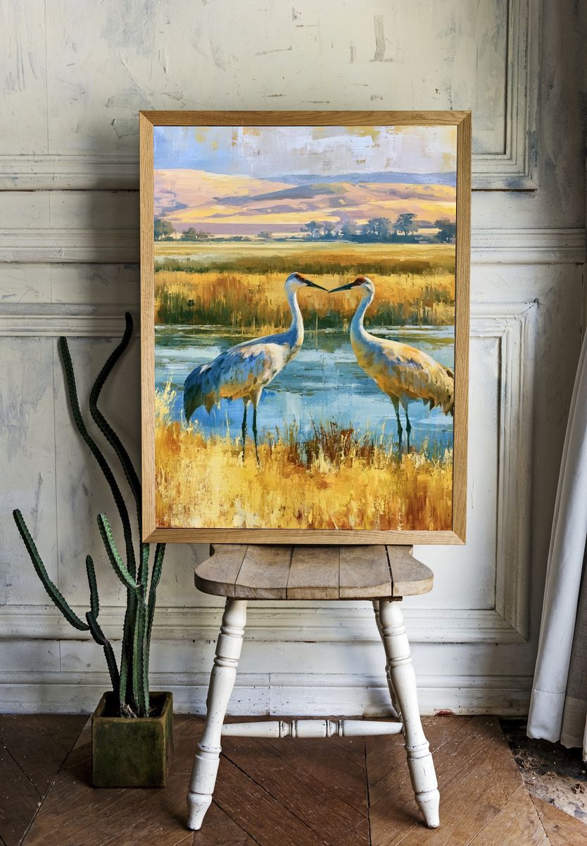 Crane Pair Wetland Landscape Poster. — room view 1