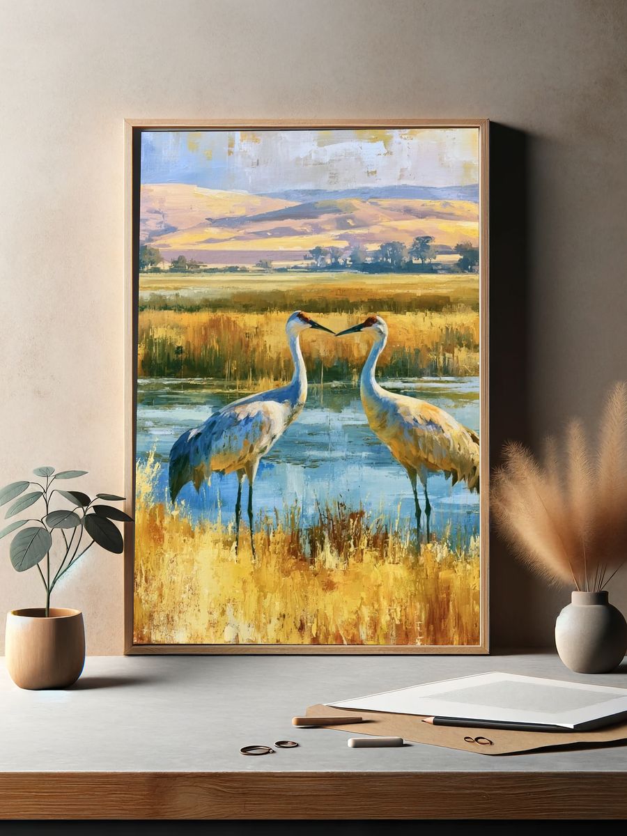 Crane Pair Wetland Landscape Poster. — room view 2