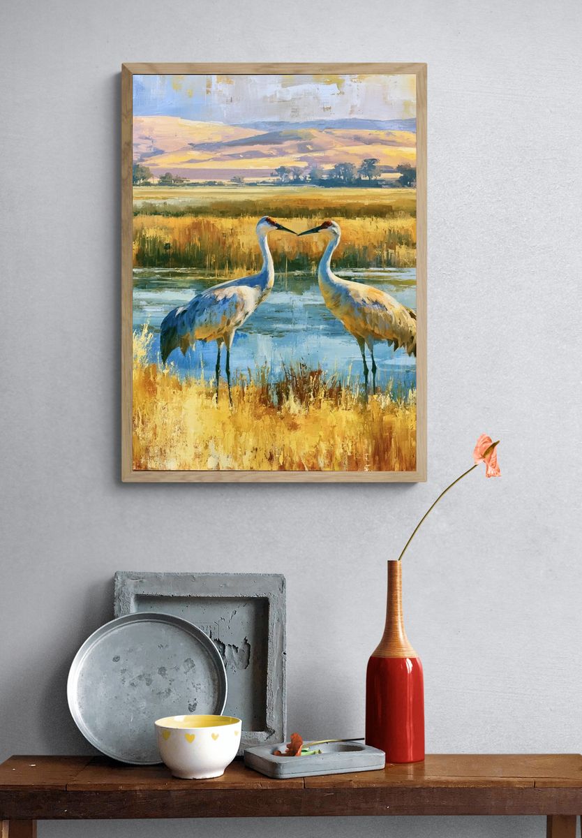 Crane Pair Wetland Landscape Poster. — room view 3