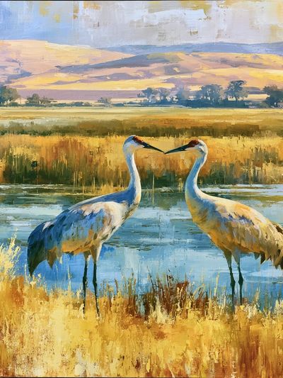 Crane Pair Wetland Landscape Poster.