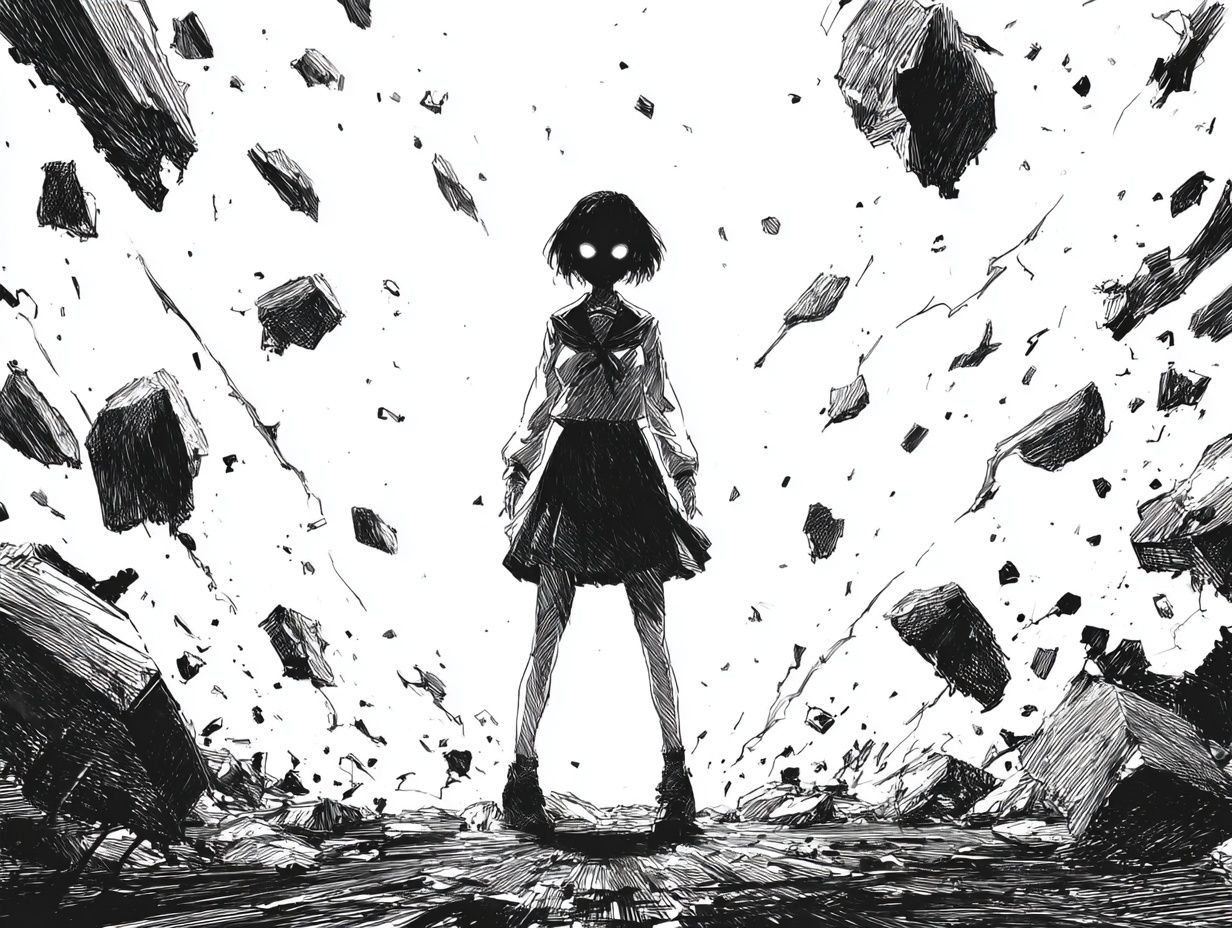 Anime Girl in Ruins Ink Poster. poster — anime art