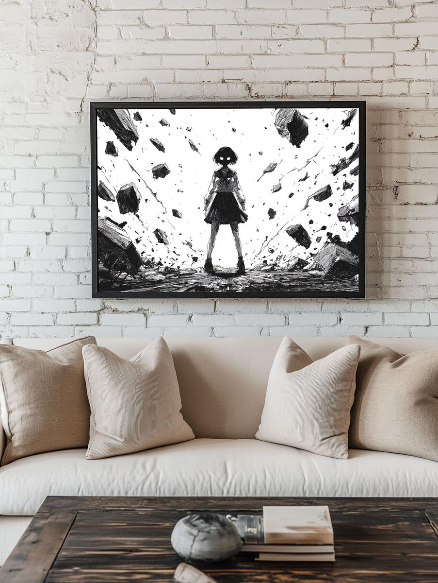 Anime Girl in Ruins Ink Poster. — room view 1