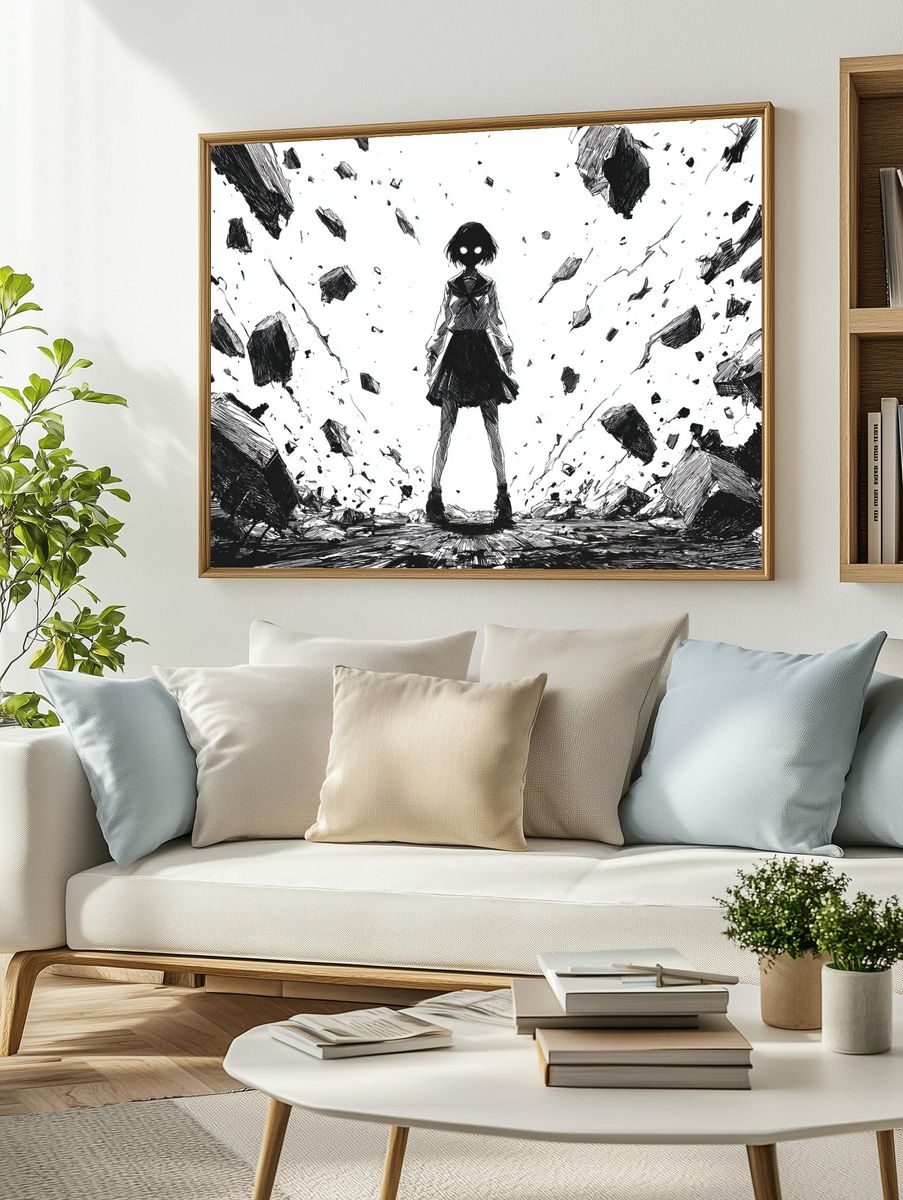Anime Girl in Ruins Ink Poster. — room view 2