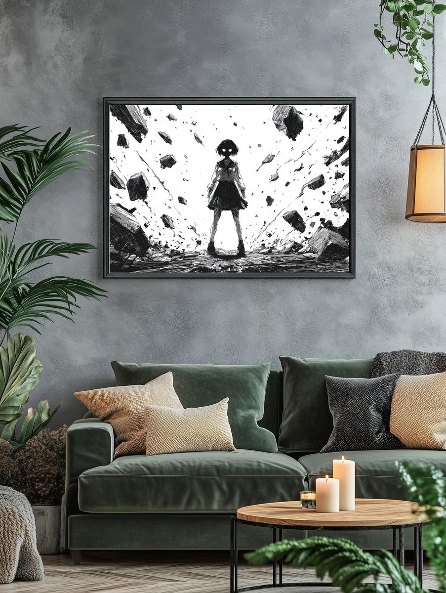 Anime Girl in Ruins Ink Poster. — room view 4