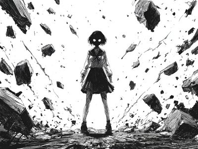 Anime Girl in Ruins Ink Poster