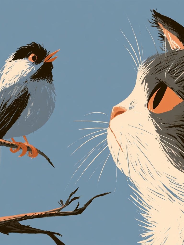 Cat and Bird Illustration Poster. poster — animals art
