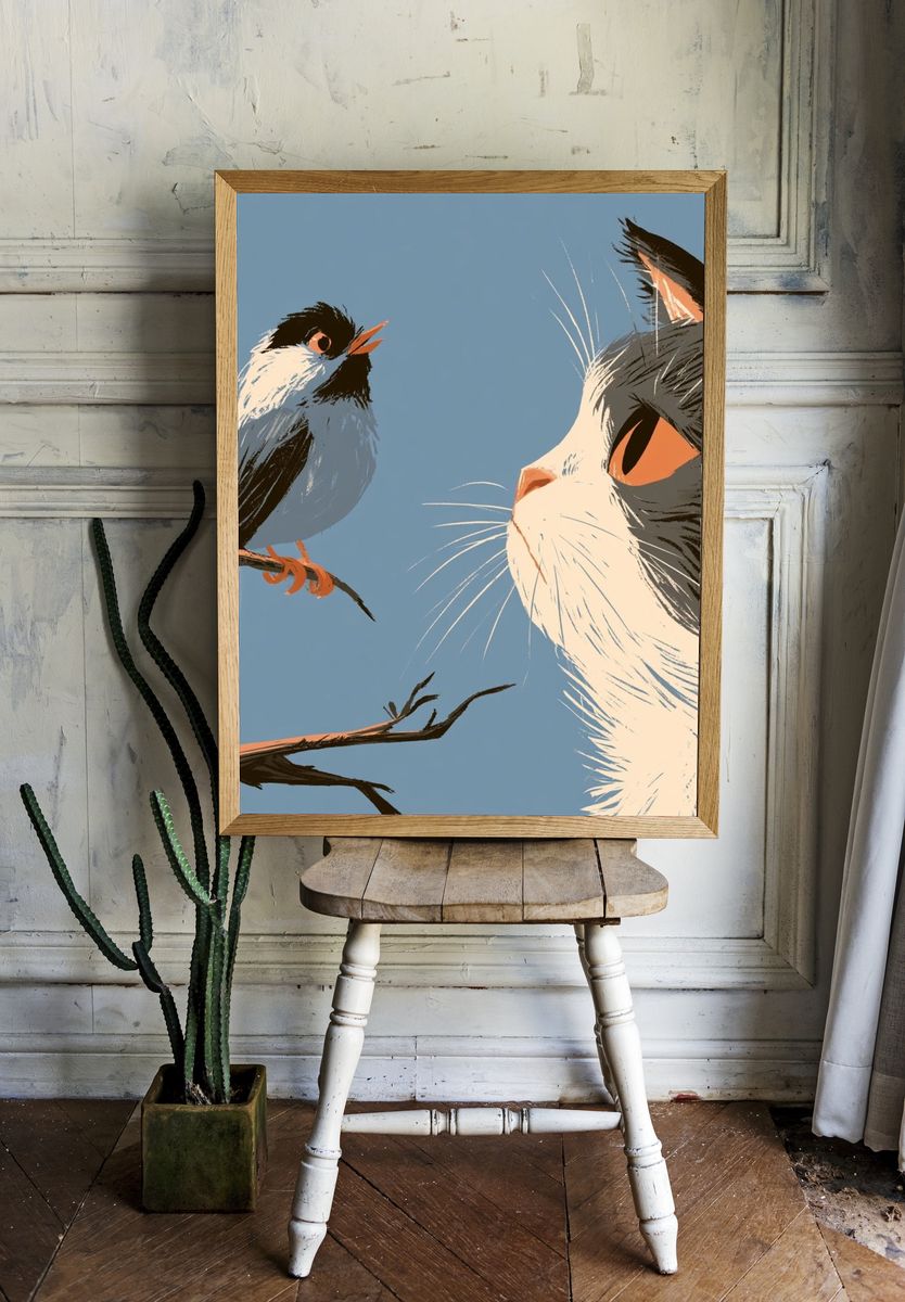 Cat and Bird Illustration Poster. room preview