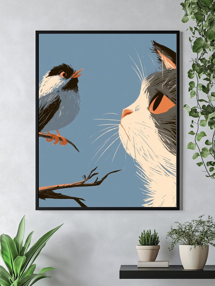 Cat and Bird Illustration Poster. — room view 4
