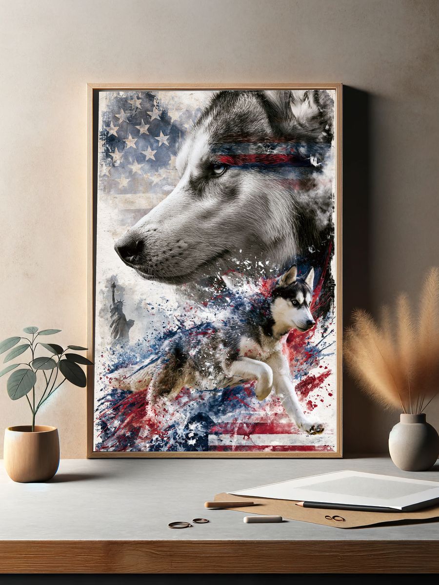 Patriotic Husky Illustration Poster. — room view 2