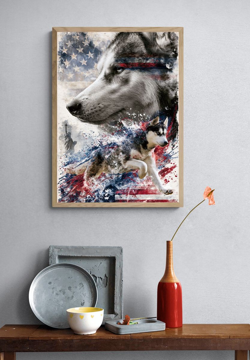 Patriotic Husky Illustration Poster. — room view 3