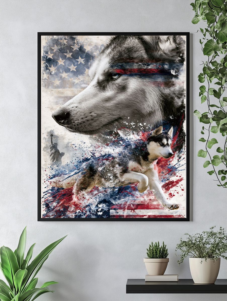 Patriotic Husky Illustration Poster. — room view 4