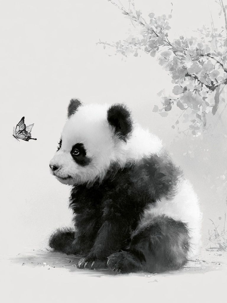 Panda Cub and Butterfly Ink Print. poster — animals art
